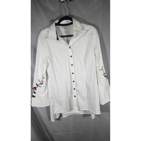 Mishca Tops - Mishca White Cotton Floral Embroidered Button Down Tunic Top Boho Artsy Large